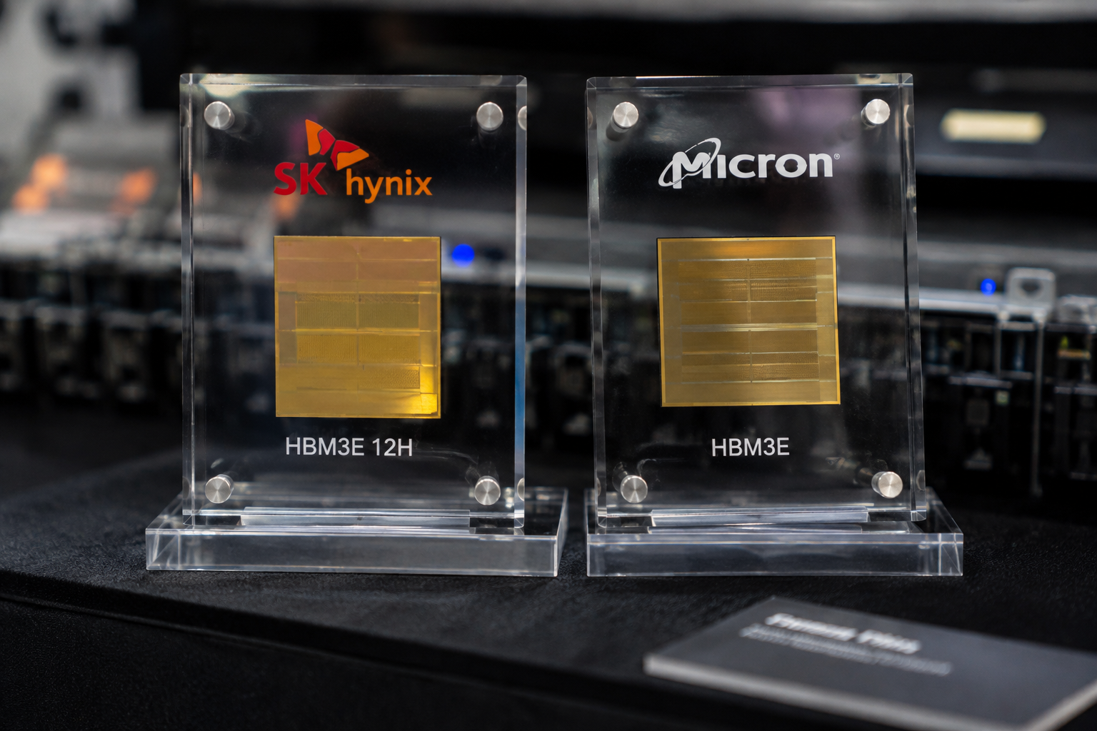 SK Hynix and Micron HBM3E memory chips displayed side by side at a technology showcase.
