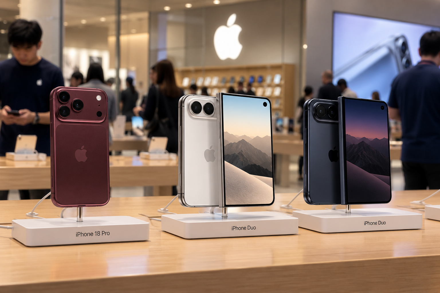 iPhone 18 pro, iPhone Duo models in an Apple store