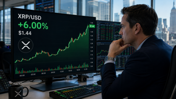 Trader watches XRP rise 6% to $1.44 on a large XRP/USD market screen