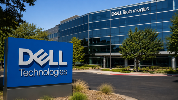Dell Technologies logo outside a modern glass-fronted corporate office