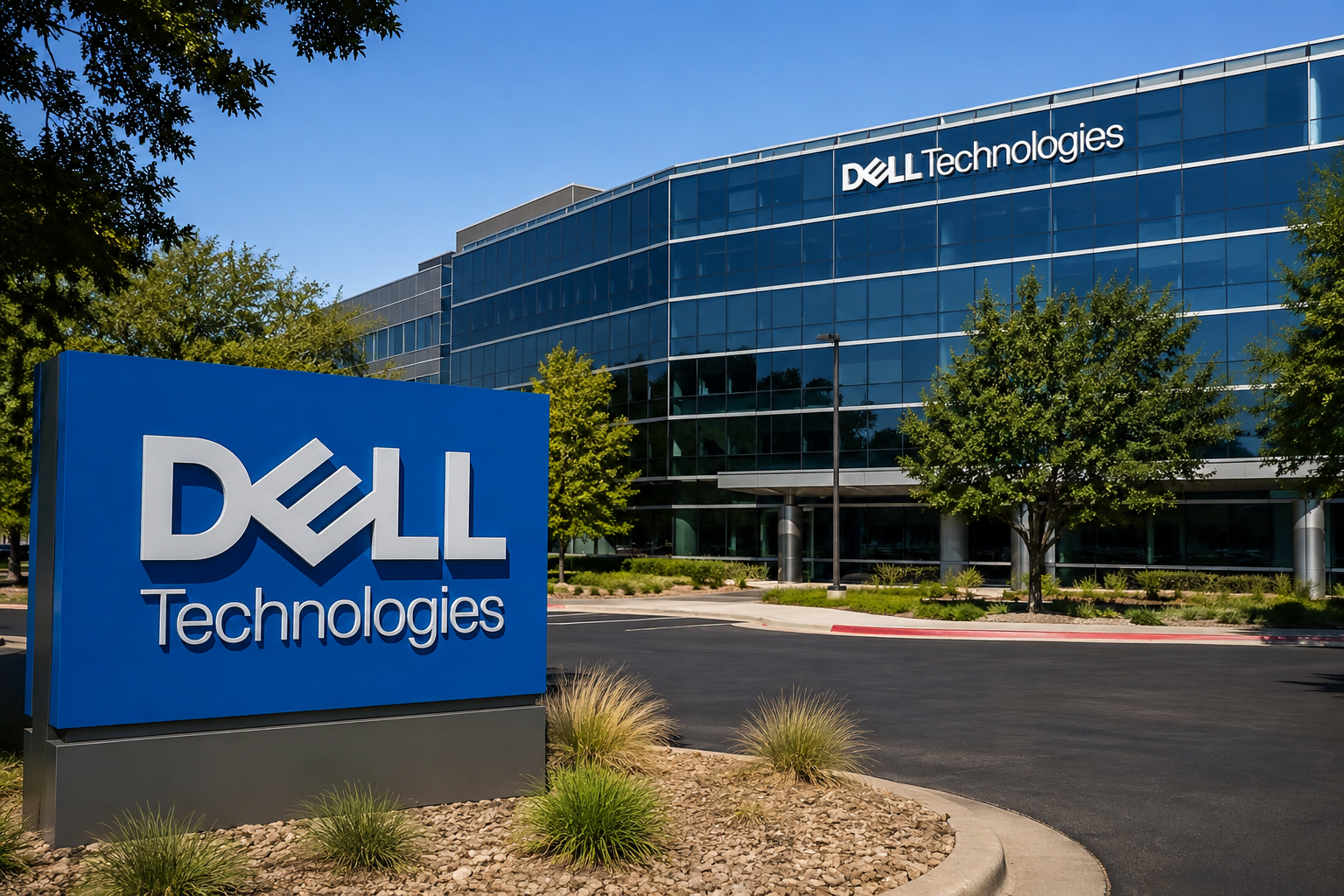 Dell Technologies logo outside a modern glass-fronted corporate office