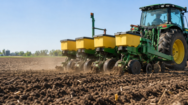 A green and yellow John Deere tractor pulls a multi-row seed planter across a tilled, soil-covered field
