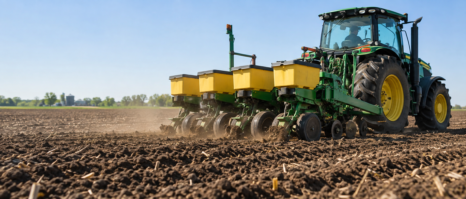 A green and yellow John Deere tractor pulls a multi-row seed planter across a tilled, soil-covered field